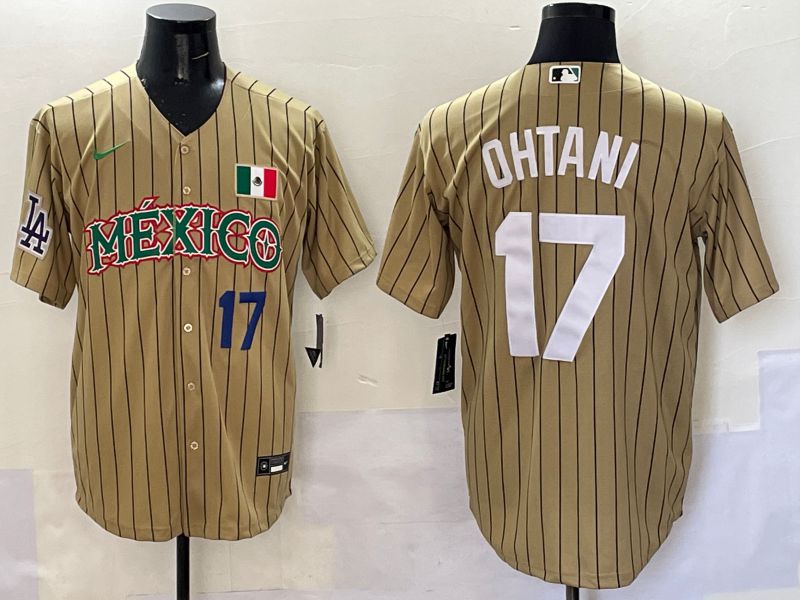 Men Los Angeles Dodgers 17 Ohtani Brown Stripe Mexico Joint Name 2025 Nike MLB Jersey style 49